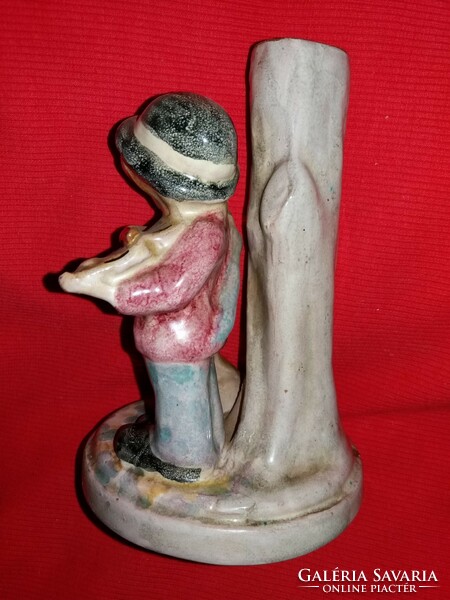 Régi mázas kerámia figura asztali lámpatest HUMMEL jelleg Utcai zenész kutyával 16 X 10 cm