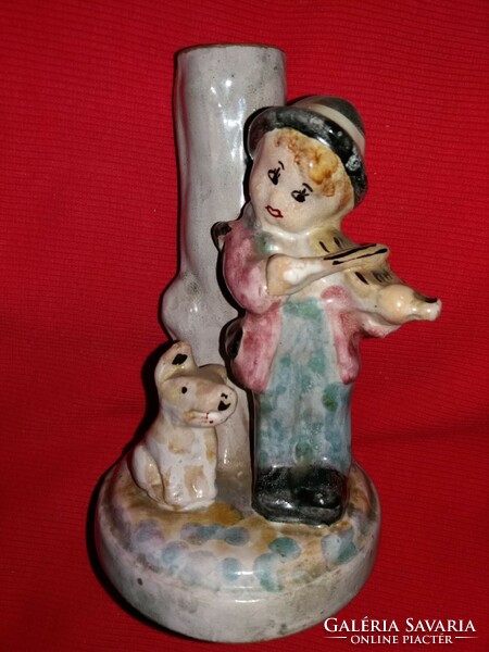 Old glazed ceramic figure table lamp Hummel style street musician with dog 16 x 10 cm