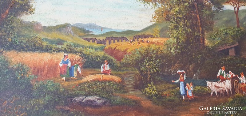 Antik festmény olaj-vászon tájkép napszámosokkal