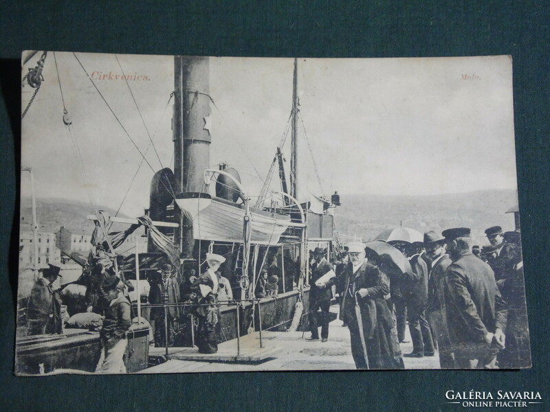 Postcard, Croatian, cirquenica molo, pier, harbor with people, steamship, 1910-20