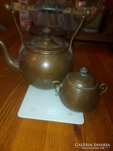 Antique copper teapot and sugar bowl, size and weight indicated!