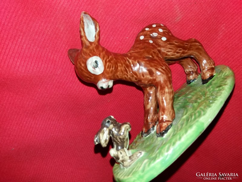 Antik magyar kerámia figura Izsépy Margit : Bambi kisnyúllal 11 X 15 cm