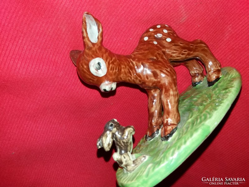 Antique Hungarian ceramic figurine Izsépy Margit: Bambi with a rabbit 11 x 15 cm