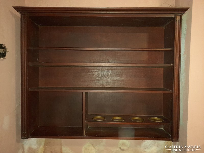 Occasional price! Custom-made wooden bar with copper handrails, wall shelf, 4 wooden chairs.