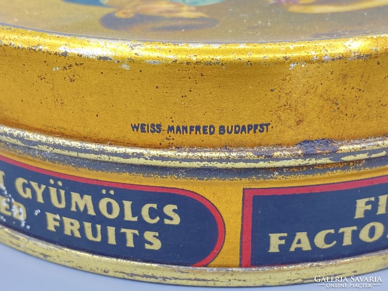 Régi kerek Weiss Manfréd GLOBUS cukrozott gyümölcsös fémdoboz 1930