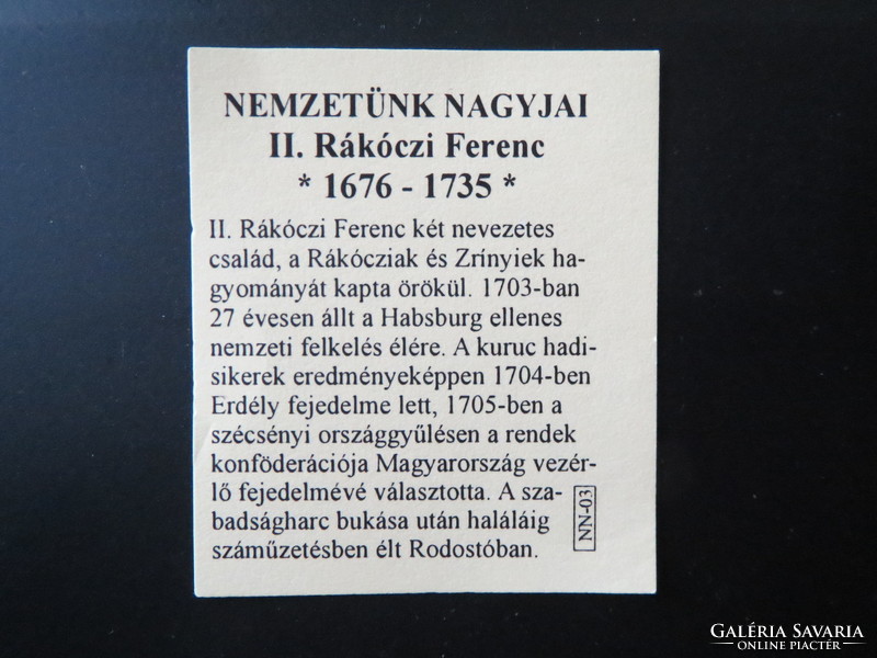 Nemzetünk nagyjai sorozat Ag.999 színezüst, II. Rákóczy Ferenc 1676-1735