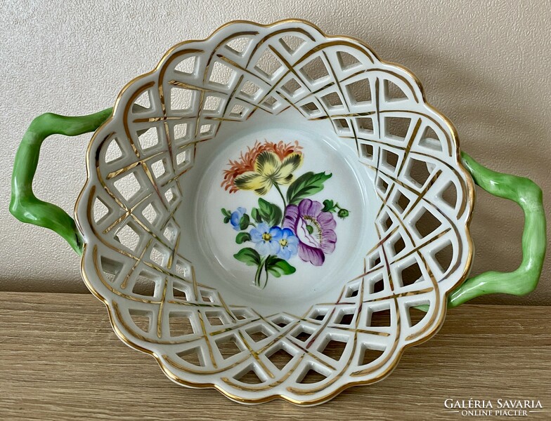Herend basket with openwork pattern, colorful flowers, 20.5 cm