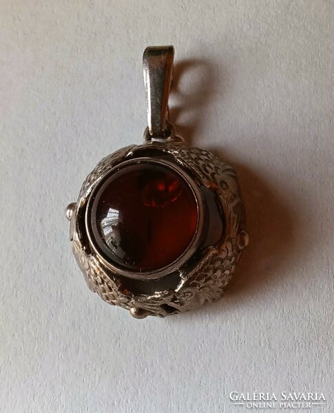 Antique silver fish pendant / pendant with dark amber stone