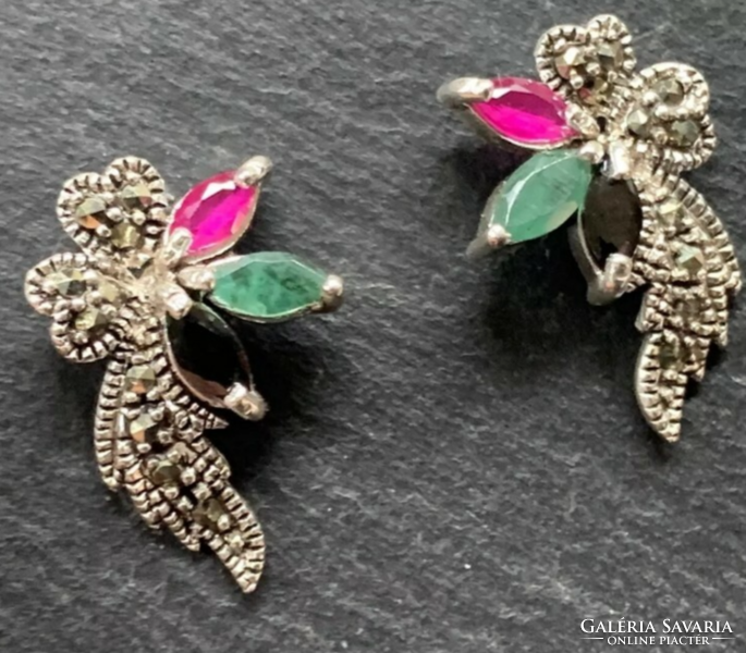 Rubin, smaragd, zafír, markazit drágaköves ezüst fülbevaló/925/ --új