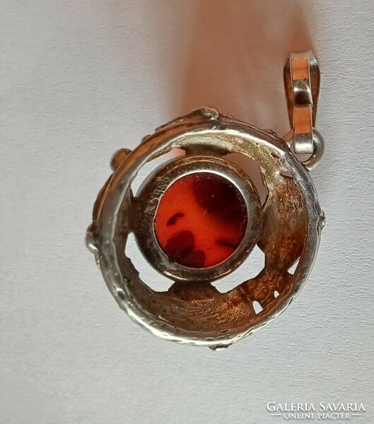 Antique silver fish pendant / pendant with dark amber stone