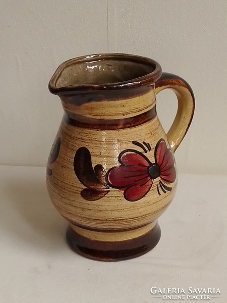 Old glazed craftsman earthenware ceramic jug with handle jug spout pn marked hand painting folk pattern