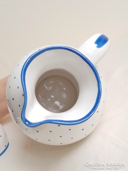 Old gmundner hand painted on white background blue polka dot ceramic drinking set jug pouring 6 glasses