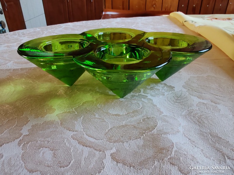 Uranium green heavy glass candle holder with a pyramidal base