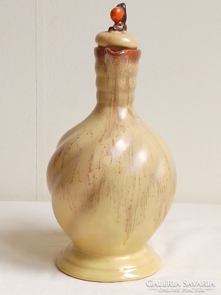 Antique Old Art Deco Drip Glazed Twisted Ribbed Ceramic Drink Bottle Spout Pitcher Jug
