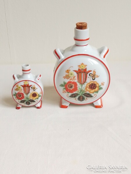 Two different sizes, old Zsolnay porcelain decorative water bottles, with the same pattern, display decoration, nipp