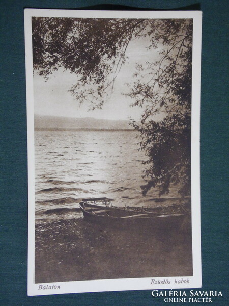 Postcard, balaton, evening atmosphere, landscape, boat, sunset, 1928