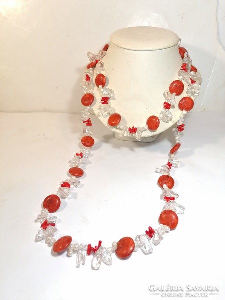 Coral pearl rock crystal necklace (392)