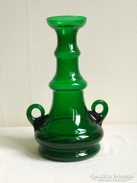 Régi masszív formába fújt sötét zöld üveg kiöntő füles palack váza Ingrid Glass különleges 25,5 cm
