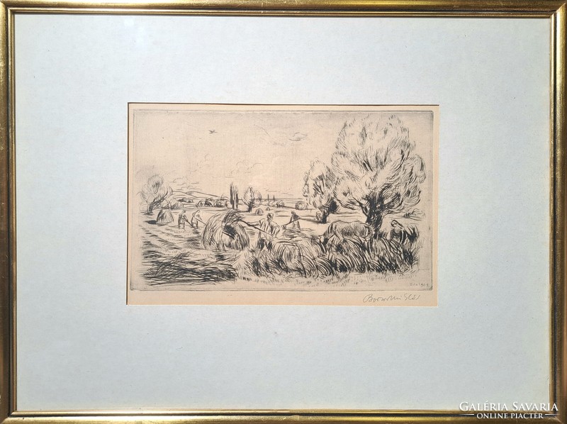 Miklós Borsos: collecting hay (etching with frame) peasant life, 1960s