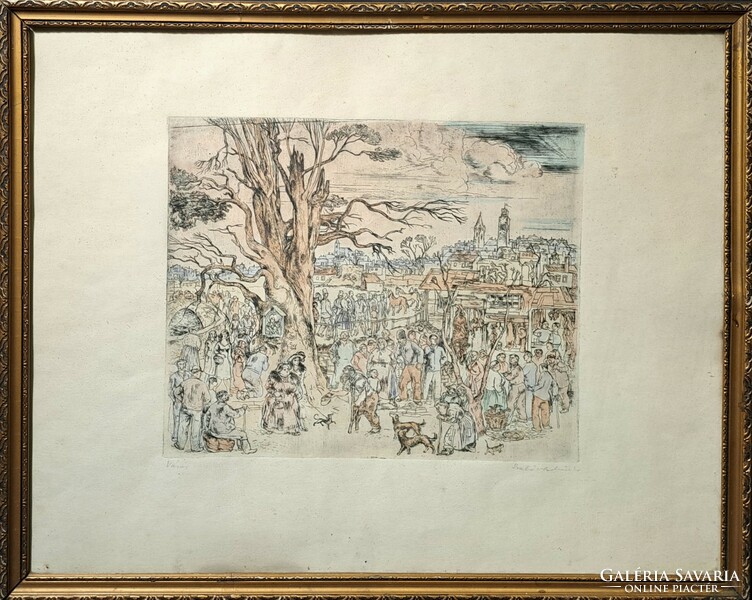 vladimir Szabó: market (signed colored etching, with frame) a lively picture of market life