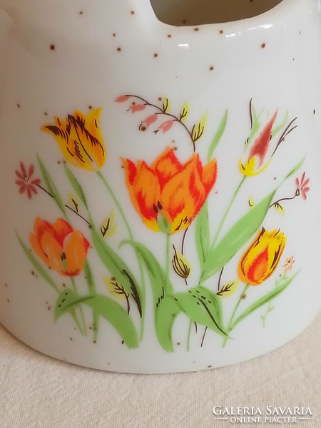 Fehér, pöttyös, mázas, tavaszi virágmintás porcelán locsoló öntöző kanna tulipán minta
