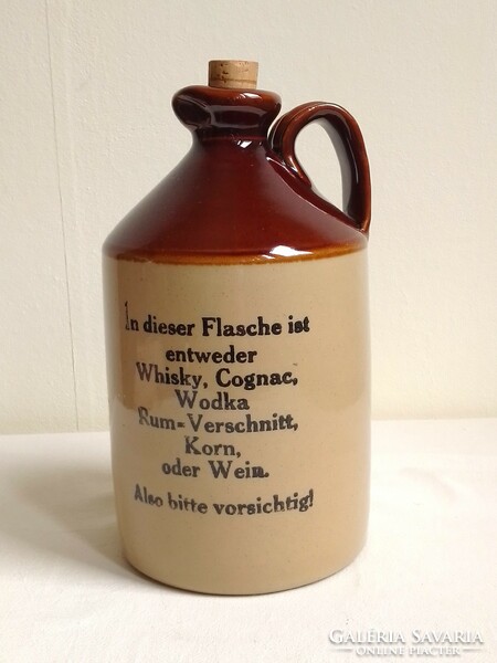 Old solid heavy English stoneware glazed drinking jug chesterfield marked with German inscription