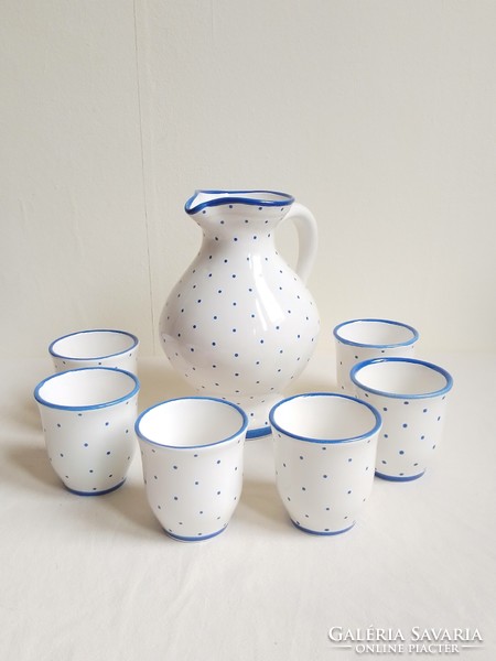 Old gmundner hand painted on white background blue polka dot ceramic drinking set jug pouring 6 glasses