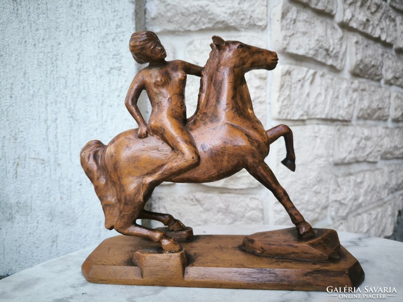 Equestrian statue nude equestrian woodcarving. Abduction of Europe theme.