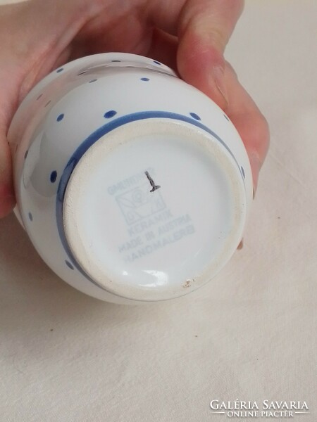 Régi Gmundner kézzel festett fehér alapon kék pöttyös kerámia italos készlet kancsó kiöntő 6 pohár