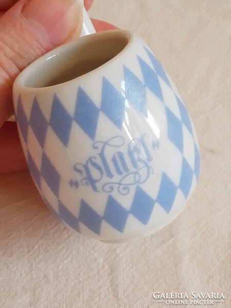 Two small pipe-shaped porcelain brandy liqueur cups, a pair of glasses, German, platzl, blue check pattern.