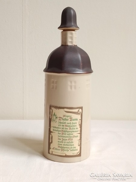 Special, tower house-shaped glazed stoneware (or porcelain?) Drinking bottle, German, marked