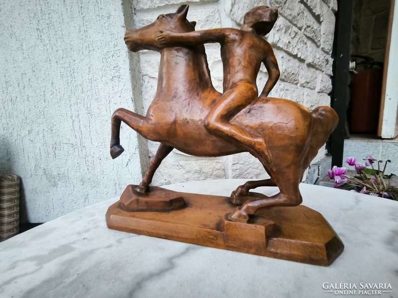 Equestrian statue nude equestrian woodcarving. Abduction of Europe theme.