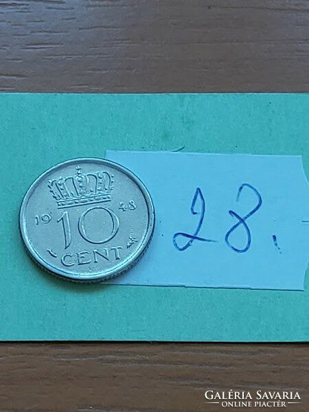 Netherlands 10 cents 1948 nickel, Queen Wilhelmina 28
