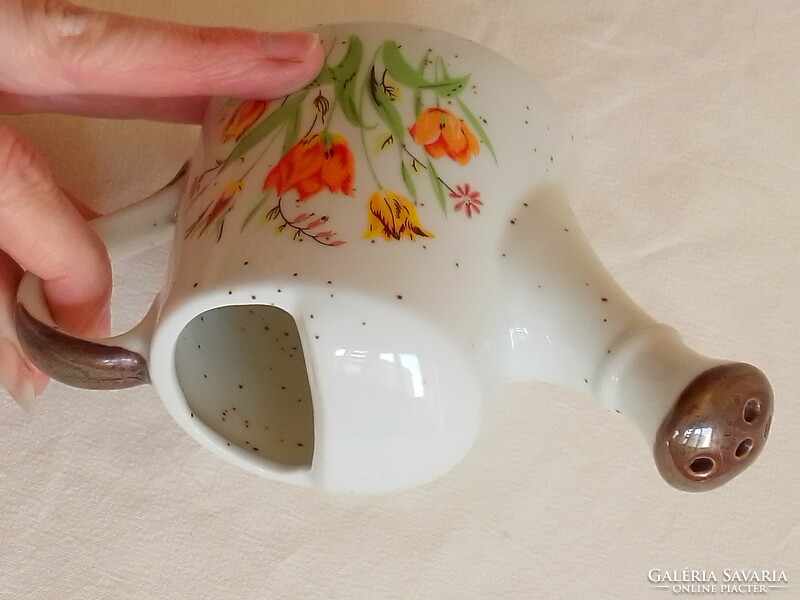 White, polka dot, glazed, spring flower pattern porcelain sprinkler watering can tulip pattern