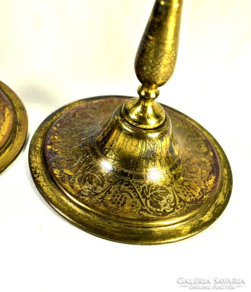 1900 Pair of antique copper candle holders with an engraved pattern