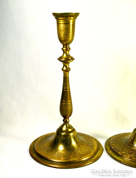 1900 Pair of antique copper candle holders with an engraved pattern