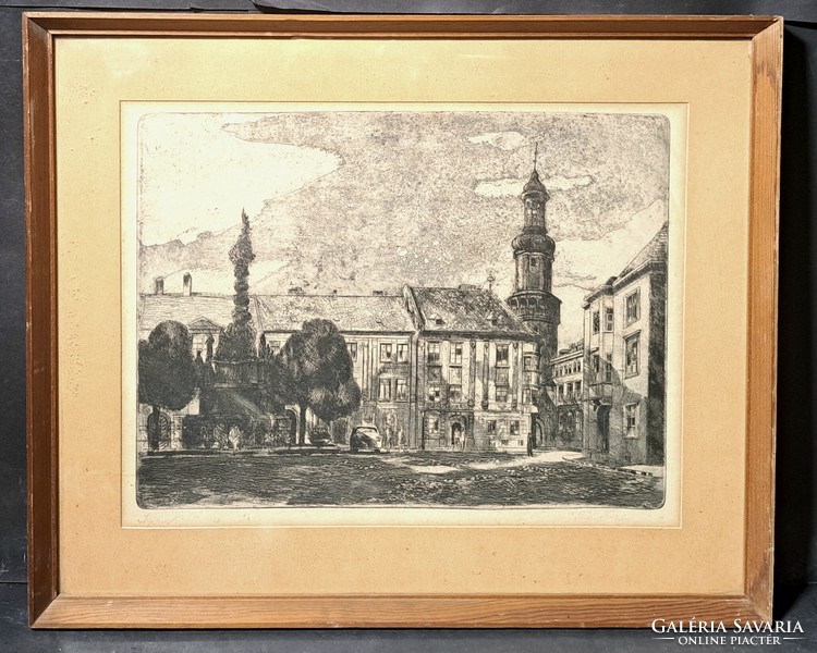 Rudolf Blahos: Sopron (etching) cityscape, street view with the fire tower