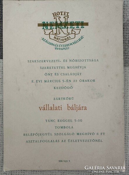 National hotel and restaurant menu and drink list 1962 and invitation to the company ball
