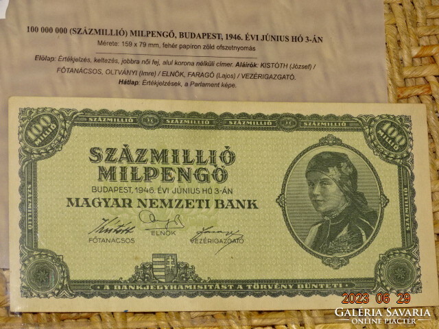 100.000.000 SZÁZMILLIÓ MILPENGŐ 1946 UNC-