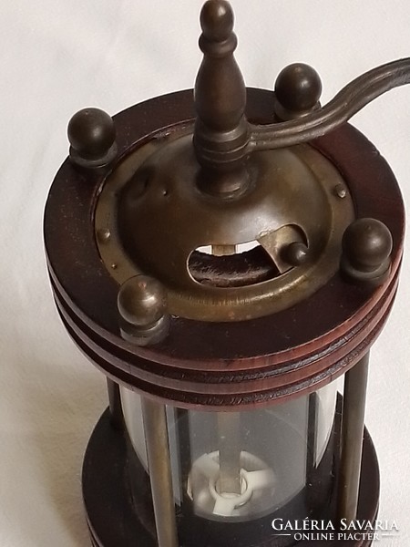 Antique old wooden glass brass rolling pepper grinder, flawless, with porcelain grinding head, works