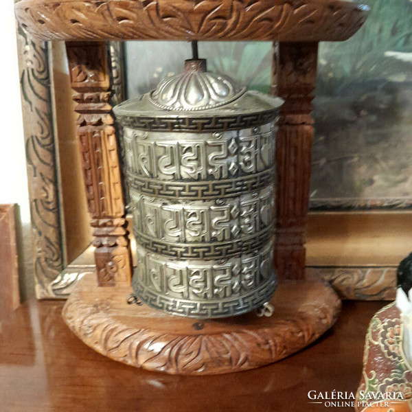 BUDDHISTA  forgatható IMAMALOM -faragott fa-réz-tibeti ezüst - Art&Decoration