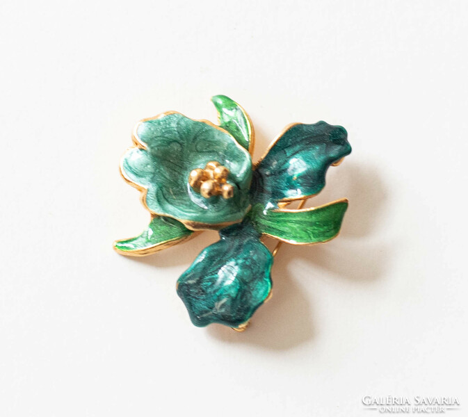 Gold-colored orchid brooch with enamel decoration - iris flower for necklace, brooch, pin