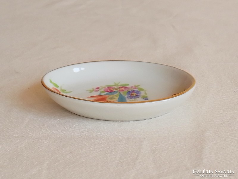 Mini arany szegélyes ovális herendi porcelán tálka tulipán hajnalka minta gyűrűs ékszertartó