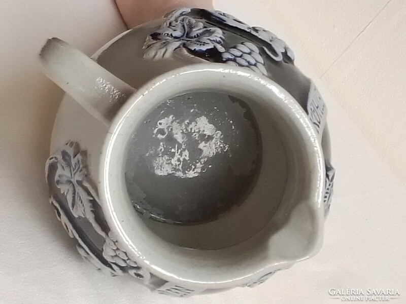 Cobalt blue gray glazed German earthenware stoneware (gersite) wine jug, grape leaf pattern German inscription