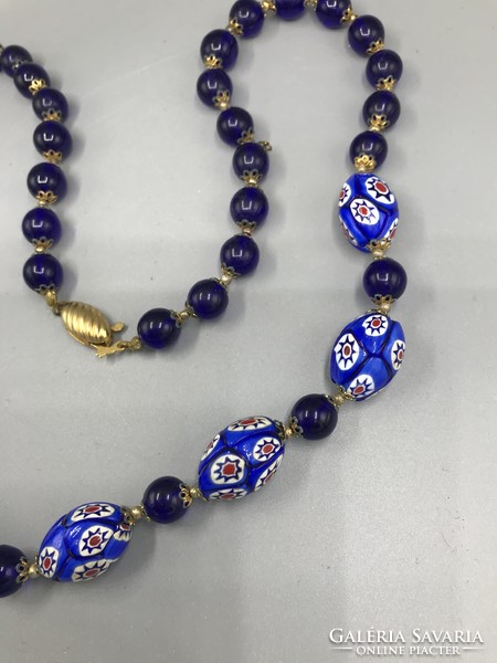 Vintage  Muránói Millefiori festett mintás kerámia , kék üveg gyöngy betétes nyaklánc