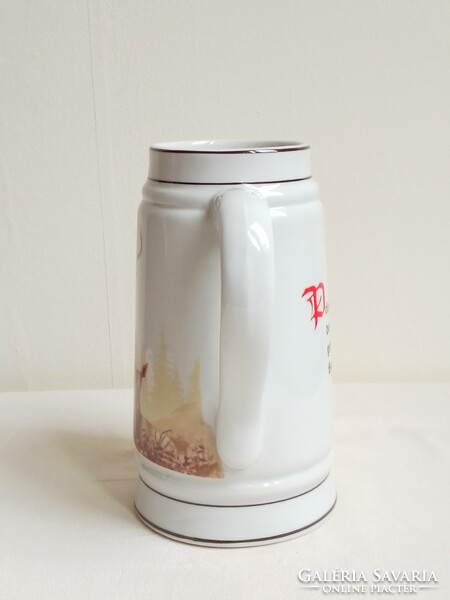 Literes régi GDR jelzett porcelán sörös korsó krigli vadász minta szarvas őz hibátlan 19,5 cm 1 l