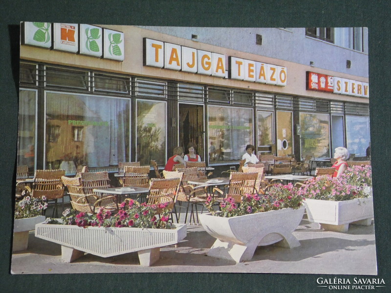 Postcard, wall painting, taiga teahouse press, view, terrace detail, 1970-80