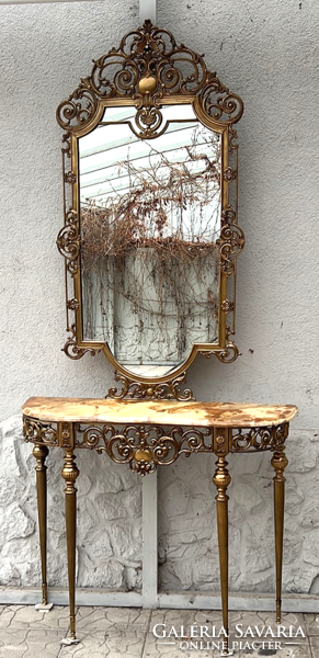 Réz antik tükör márványlapos konzolasztallal