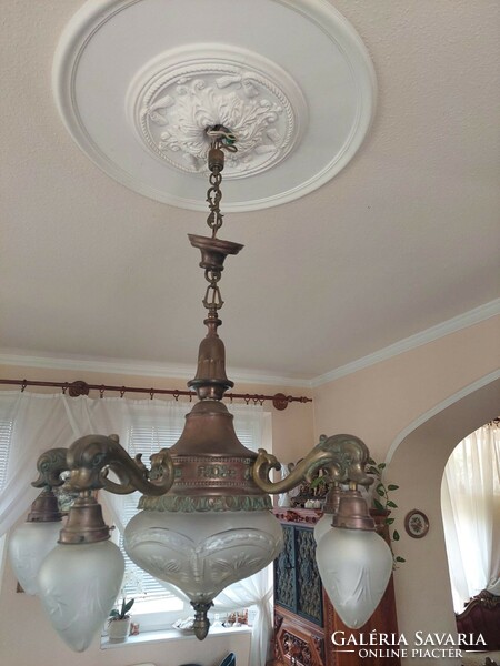 Antique 5-arm copper chandelier decorated with female figures