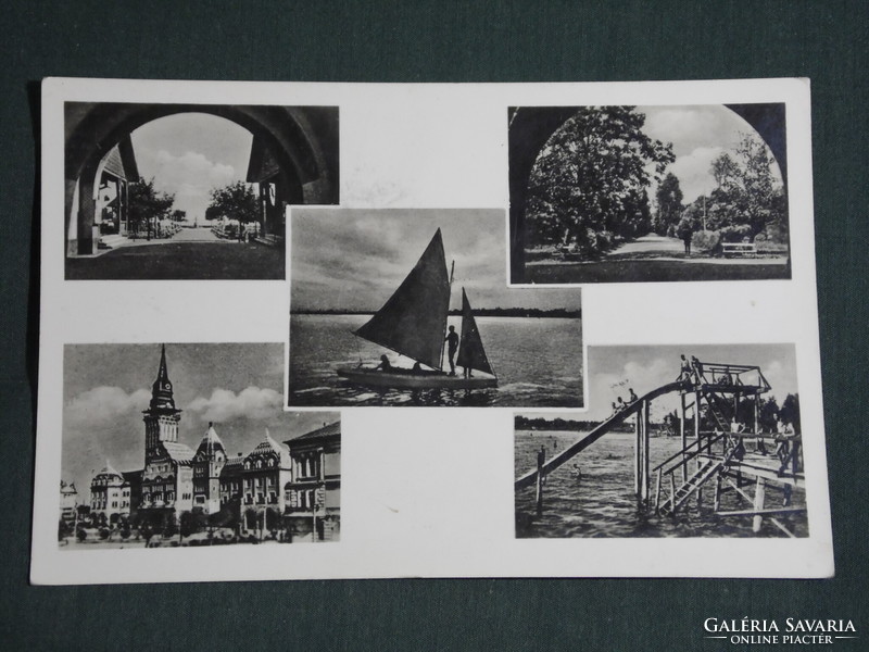 Képeslap,Postcard, Szabadka, Palics fürdő, mozaik részletek,üdülő,park,strand,vitorlás hajó,1942